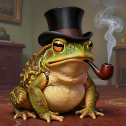 close portrait of a fancy toad ( animal ) with a top hat, smoking a pipe, vaporwave, bedroom, highly detailed, digital painting, artstation, concept art, smooth, sharp focus, illustration, art by artgerm and greg rutkowski and alphonse mucha