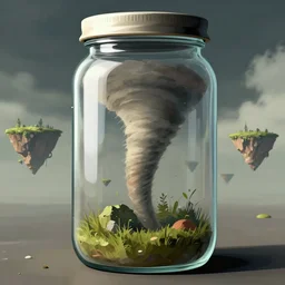 an illustration of a tornado inside of a jar with sky islands in the background in unreal engine