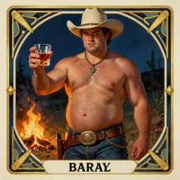 a dramatic, epic, ethereal painting of a handsome thicc shirtless cowboy with a beer belly wearing a large belt and offering food and whiskey | background is a late night campfire | homoerotic | tarot card, art deco, art nouveau | by Mark Maggiori | trending on artstation