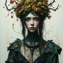 full body shot portrait of beautiful necromancer girl by irakli nadar with intricate detailed color smashing fluid oil paint and acrylic, dried moss and dried autumn leaves headdress, melting wax, mycelia, abstract impressionism, ruan jia, fantasy, hyper detailed, concept art, by gustav klimt,