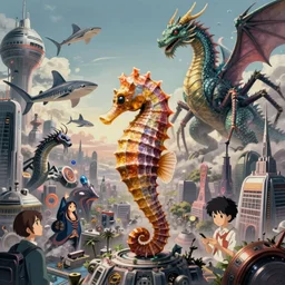 a seahorse, goblinshark, dragon, quetzalcoatl, and spider hybrid giant kaiju! destroys futuristic city, surreal art, semi realistic anime, h. r. giger, zdzisław beksinski, studio ghibli, makoto shinkai, cinematic, award winning illustration, masterpiece, trending on pixiv, 8 k