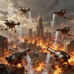 steampunk drones scooping water with cannons on a big city in flames, digital art, artstation, concept art