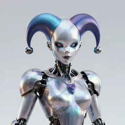 front shot of a court jester!!!! character, by chuck close greg rutkowski gustave dore, octane render, polished, glossy, holographic metallic, bionic futurism, galactic robotic cyborg, 8 5 mm f 1. 8 lit edges, ominous elegant luminous intricate quartz highly detailed spike, polygonal shards, artstation sharp focus ray tracing cinematic masterpiece fine portrait