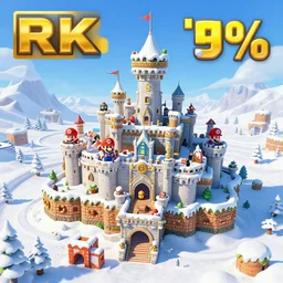 3D Mario 64 castle aerial view, 4k, 60% snow