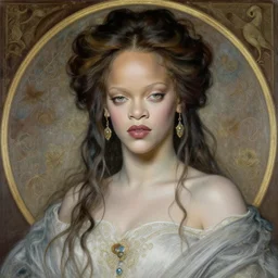 beautiful striking Pre-Raphaelite Rihanna by Artgerm and Greg Rutkowski, pale, intricate, elegant, highly detailed, digital painting
