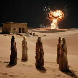 the long - shot of bene gesserit women in full - face golden glowing masks seeing the abandoned buildings under the sand in night arrakis desert, alien spaceship exploding, film still from the movie by alejandro jodorowsky with cinematogrophy of christopher doyle and art direction by hans giger, anamorphic lens, kodakchrome, very detailed photo, 8 k,