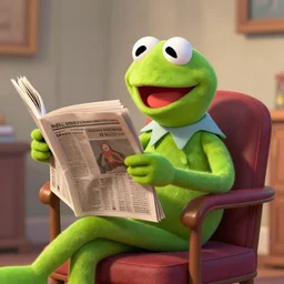 Kermit in a chair reading a newspaper, 4k digital art