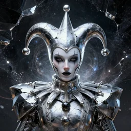 front shot of a court jester character fine portrait fine portrait mesmerizing fractal hyper cubes platinum cracked dark future hyper dimensional space galactic crystal nebula edges elegant detailed intricate concept artstation sharp focus ray tracing cinematic masterpiece octane render nvidia temporal corruption beeple wlop lok du 8 4 k