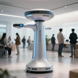teleportation machine in a brightly lit room, with people in the background busy with their lives