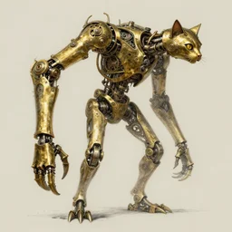 distant full - body drawing of a brass mechanical arms with claws and feline head, concept art by ian miller, artstation, sots art, steampunk, clockwork, structural frame, concept art, da vinci, greg rutkowski