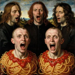 siamese twins made of spaghetti and tomato sauce, looking straight into camera, screaming in agony, by giuseppe arcimboldo and ambrosius benson and beksinski, renaissance, intricate and intense oil paint, a touch of hr giger and edward munch, realistic