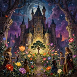 a hype realistic surreal painting of sorcery that opens up a dimension to another twilight zone dimension, archaic castle cascading, glowing flowers blooming, lone tree centralized, magic the gathering, dishonored 2, painted by highly detailed by peter mohrbacher, wayne barlowe, boris vallejo, paolo eleuteri serpieri, greg rutkowski, masterpiece, 4 k,