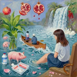 emo student in her apartment, a river flooding inside, medical supplies, pigs, plants in glass vase, pork, water, river, rapids, canoe, pomegranate, berries dripping, waterfall, swans, pink flower petals, acrylic on canvas, surrealist, by magritte and monet