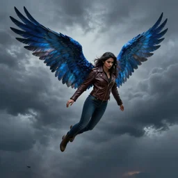 angel avan jogia with blue-indigo-feather wings. Leather jacket, boots and jeans. Flying in a stormy sky. Distant full body shot. Artwork by artgerm