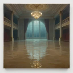 flooded ballroom, underwater view, wide shot, cinematic, realistic painting, very detailed