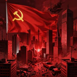 only with red, soviet communism horror city apocalyptic atmosphere with soviet flag, in the style of beksinski and rodcenko and yue minjun and cory loftis, intricate and epic composition, red by caravaggio, highly detailed, masterpiece, red light, artstation, art nouveau