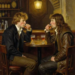 handsome bradley james as arthur pendragon and handsome colin morgan as merlin go to a pub together to have some drinks. highly detailed painting by greg rutkowski, j. c. leyendecker 8 k
