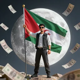 algerian guy with a flag in the moon with money flying everywhere in the sky octane render