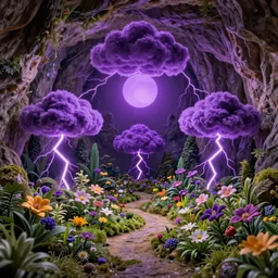 in a cave with a miniature hyper - realistic garden of flowers : 4, highly symmetrical, balanced, purple lightning clouds : 3, octane render, violet sun : 2, in the style of sahm : 3, hd, 4 k, ultra - realistic, in unreal engine