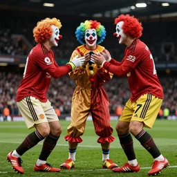 clowns playing for man united, photorealistic, dramatic, 4 k, sharp focus