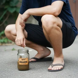 leg gabagool man squatting over jar