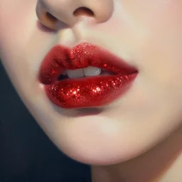 a close up shot of a woman's lips coated in red glitter. stunning high detail painting by artgerm and greg rutkowski and alphonse mucha