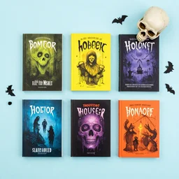 flatlay horror book collection, vivid colors, dramatic lighting, minimalist and clean, skull and halloween decorations