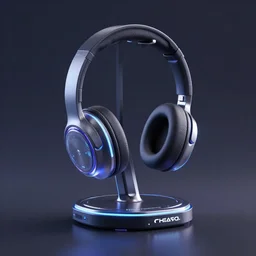 product still of headphone stand, futuristic, techno, cyberpunk, product design, 3 d render, concept, fun, swag