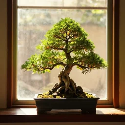 a miniature bonsai in a window, inside a room, 8k, hdr, warm lighting, sunlight coming through the window