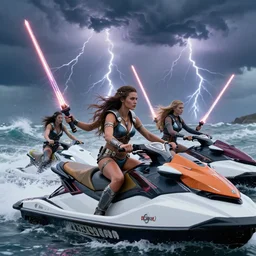 dramatic photo of viking women riding jet skis!!, wearing skin - tight futuristic valkerie bikinis, holding huge laser swords, rough seas in background, lightning storms, water world, mad max, hyper - realistic, highly detailed, accurate, 8 k octane render, 2 8 mm, wide angle, rule of thirds