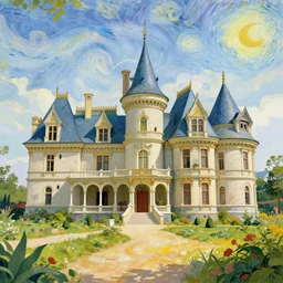 A large Victorian castle in the style of Van Gogh