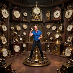 coldplay in a circular common room full of antique clocks, high detail, steampunk, fantasy, mechanical, 4 k, trending on artstation
