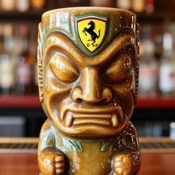 a closeup photorealistic photograph of a ferrari themed tiki mug at at a trader vic's bar featuring the face of young enzo ferrari. the mug is glossy. tiki theme. bright scene. fine detail. this 4 k hd image is trending on artstation, featured on behance, well - rendered, extra crisp, features intricate detail, epic composition and the style of unreal engine.