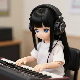 anabelle doll with black hair and headphones, playing keyboard, hd, trending on artstation