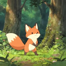 fox as little cat play in forest, try colors, makoto shinkai