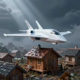 a lone bright neon futuristic super jet airplane on top of a wooden - leather house village, realistic, digital art, low depth of field, dramatic, lighting rays, cloud swirl, cinematic, trending on artstation