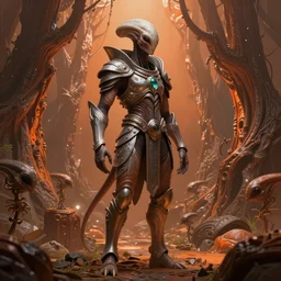 a beautiful highly detailed matte painting of an celestial alien figure with an intricate armor in a giant alien orange forest by Jose Daniel Cabrera Pena and Leonid Kozienko, Noah Bradley concept art