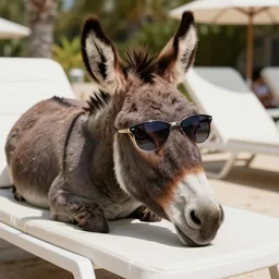 a donkey wearing sunglasses sunbathing on a sun bed, photorealistic, 8k resolution
