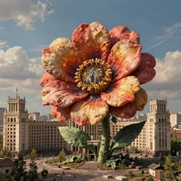 colossal grotesque flower made from best unfulfilled communist thoughts in the middle of abandoned post soviet constructivist cityscape, Stalinist architecture, ultradetailed, Intricate by Hayao Miyazaki and Josan Gonzalez and Makoto Shinkai and Giuseppe Arcimboldo and Wes Anderson