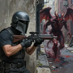 a bounty hunter hides behind a wall to reload while the demon in the alley coalesces : high quality high detail painting by david mattingly and brom and richard corben, hd, realistic scene painting, photorealistic lighting, modern supernatural urban horror