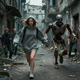 sadie sink in oversized hoodie quickly runs by us | a scary robot runs towards us | background : alleyway near decaying tenements. concept art for scifi dystopian film. by nikolay makovsky, bob byerley, wadim kashin, andrea kowch. cinematic moody atmosphere, detailed and intricate, perfect anatomy