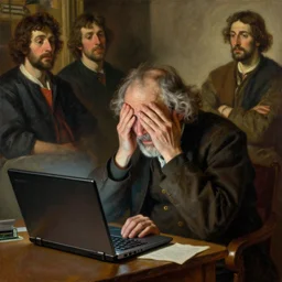 weeping desperate grandpa trying to figure out how to send an email sitting in his small room looking at his lenovo thinkpad laptop t 4 1 0 8 gb ram leonardo da vinci giotto jamie wyeth greg rutkowski winslow homer thomas eakins lucian freud edward hopper j. m. w. turner oil painting