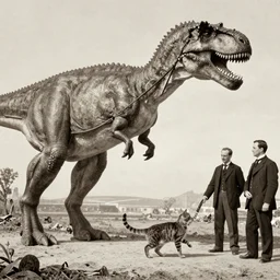 tall t rex shaking hands with a cat, Business men. anamorphic, strange, photograph, 1860s