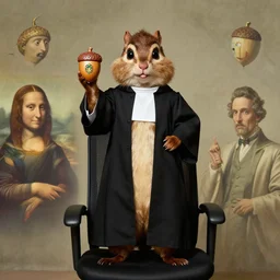 Portrait of Norm Macdonald Chipmunk Priest standing atop an office chair whilst brandishing an acorn badge giorgio de chirico salvador dali giotto leonardo da vinci paul cezanne edward hopper