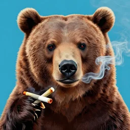 pop art headshot of a grizzly bear holding a lit and smoking joint.
