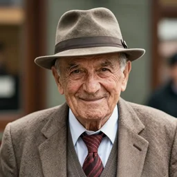 there is an old man wearing a hat and suit and smiling