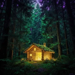 portrait of an ethereal evergreen forest made of green and purple light with log cabin made of golden light, divine, cyberspace, mysterious, dark high-contrast concept art