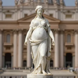 a statue made of white marble with gold veins, of a fully dressed beautiful pregnant woman, wearing a dress, perfect symmetrical body, perfect symmetrical face, closed eyes, hyper realistic, hyper detailed, fujicolor superia, bokeh background, full body shot, vatican, by peter kemp, by monia merlo octane render, blender, 8 k