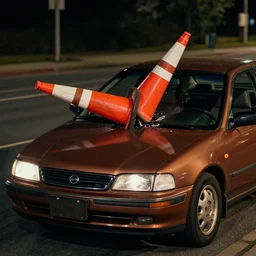 Action shot of an orange construction traffic cone smashing the windshield of a single 1993 brown nissan maxima, photo realistic, night, photo realistic, depth of field, award winning, cinematic, color graded