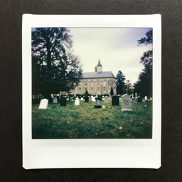 graveyard with a monastery, polaroid